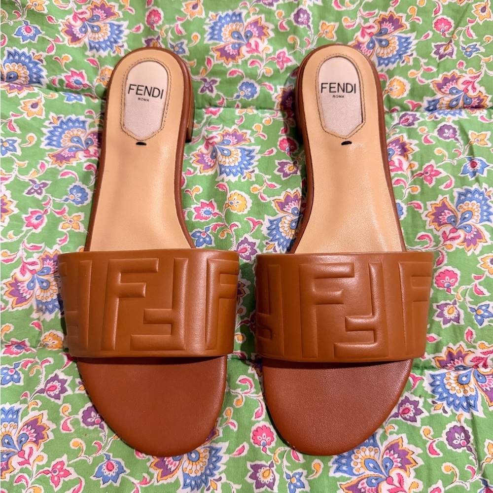 Fendi Tan Brown Leather Embossed FF Slide Mules